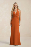 Ruched V - Neck Sheath Bridesmaid Dress With Bow in Cinnamon - KissProm Bridesmaid Dresses