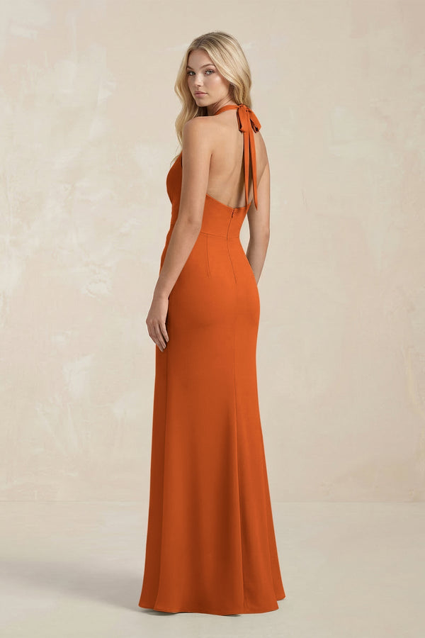 Ruched V - Neck Sheath Bridesmaid Dress With Bow in Cinnamon - KissProm Bridesmaid Dresses