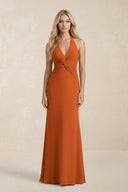 Ruched V - Neck Sheath Bridesmaid Dress With Bow in Cinnamon - KissProm Bridesmaid Dresses