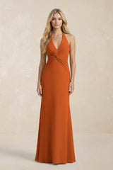 Ruched V - Neck Sheath Bridesmaid Dress With Bow in Cinnamon - KissProm Bridesmaid Dresses