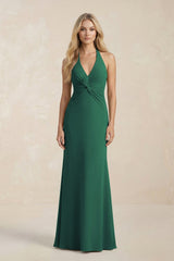 Ruched V - Neck Sheath Bridesmaid Dress With Bow in Dark Green - KissProm Bridesmaid Dresses