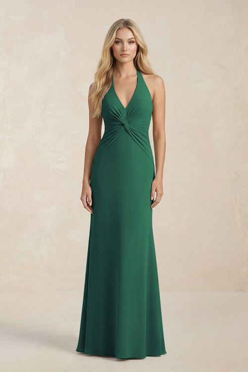 Ruched V - Neck Sheath Bridesmaid Dress With Bow in Dark Green - KissProm Bridesmaid Dresses