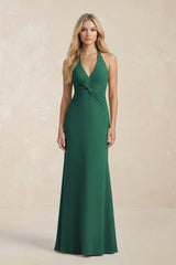 Ruched V - Neck Sheath Bridesmaid Dress With Bow in Dark Green - KissProm Bridesmaid Dresses