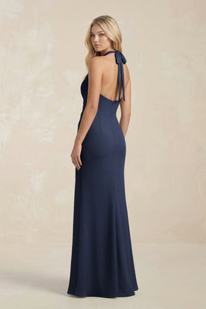 Ruched V - Neck Sheath Bridesmaid Dress With Bow in Dark Navy - KissProm Bridesmaid Dresses