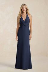 Ruched V - Neck Sheath Bridesmaid Dress With Bow in Dark Navy - KissProm Bridesmaid Dresses
