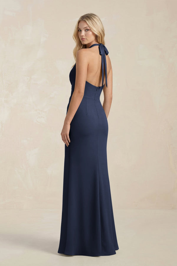 Ruched V - Neck Sheath Bridesmaid Dress With Bow in Dark Navy - KissProm Bridesmaid Dresses