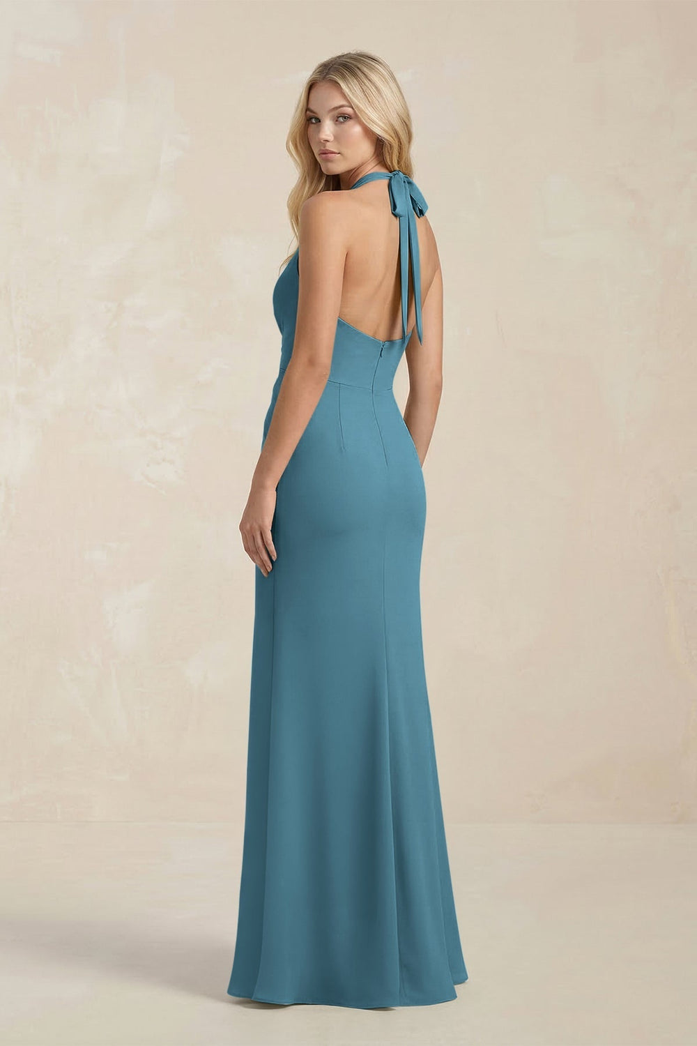 Ruched V - Neck Sheath Bridesmaid Dress With Bow in Dark Teal - KissProm Bridesmaid Dresses