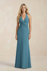 Ruched V - Neck Sheath Bridesmaid Dress With Bow in Dark Teal - KissProm Bridesmaid Dresses