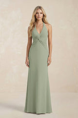Ruched V - Neck Sheath Bridesmaid Dress With Bow in Dove Gray - KissProm Bridesmaid Dresses