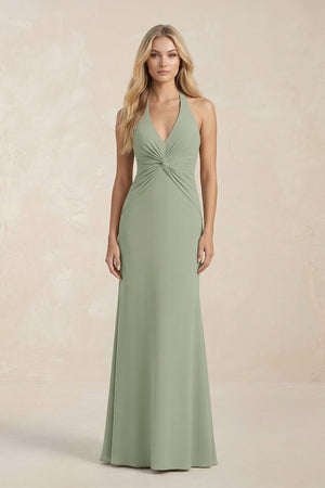 Ruched V - Neck Sheath Bridesmaid Dress With Bow in Dove Gray - KissProm Bridesmaid Dresses