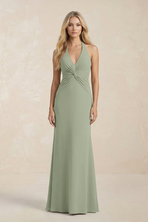 Ruched V - Neck Sheath Bridesmaid Dress With Bow in Dove Gray - KissProm Bridesmaid Dresses