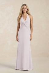 Ruched V - Neck Sheath Bridesmaid Dress With Bow in Dusk - KissProm Bridesmaid Dresses
