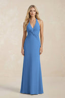 Ruched V - Neck Sheath Bridesmaid Dress With Bow in Dusty Blue - KissProm Bridesmaid Dresses