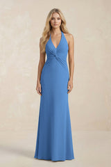 Ruched V - Neck Sheath Bridesmaid Dress With Bow in Dusty Blue - KissProm Bridesmaid Dresses
