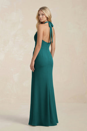 Ruched V - Neck Sheath Bridesmaid Dress With Bow in Emerald - KissProm Bridesmaid Dresses
