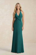 Ruched V - Neck Sheath Bridesmaid Dress With Bow in Emerald - KissProm Bridesmaid Dresses