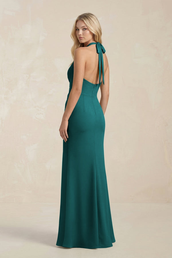Ruched V - Neck Sheath Bridesmaid Dress With Bow in Emerald - KissProm Bridesmaid Dresses