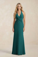 Ruched V - Neck Sheath Bridesmaid Dress With Bow in Emerald - KissProm Bridesmaid Dresses