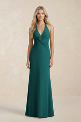 Ruched V - Neck Sheath Bridesmaid Dress With Bow in Emerald - KissProm Bridesmaid Dresses