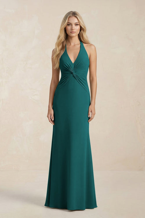Ruched V - Neck Sheath Bridesmaid Dress With Bow in Emerald - KissProm Bridesmaid Dresses