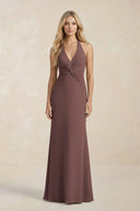 Ruched V - Neck Sheath Bridesmaid Dress With Bow in Espresso - KissProm Bridesmaid Dresses