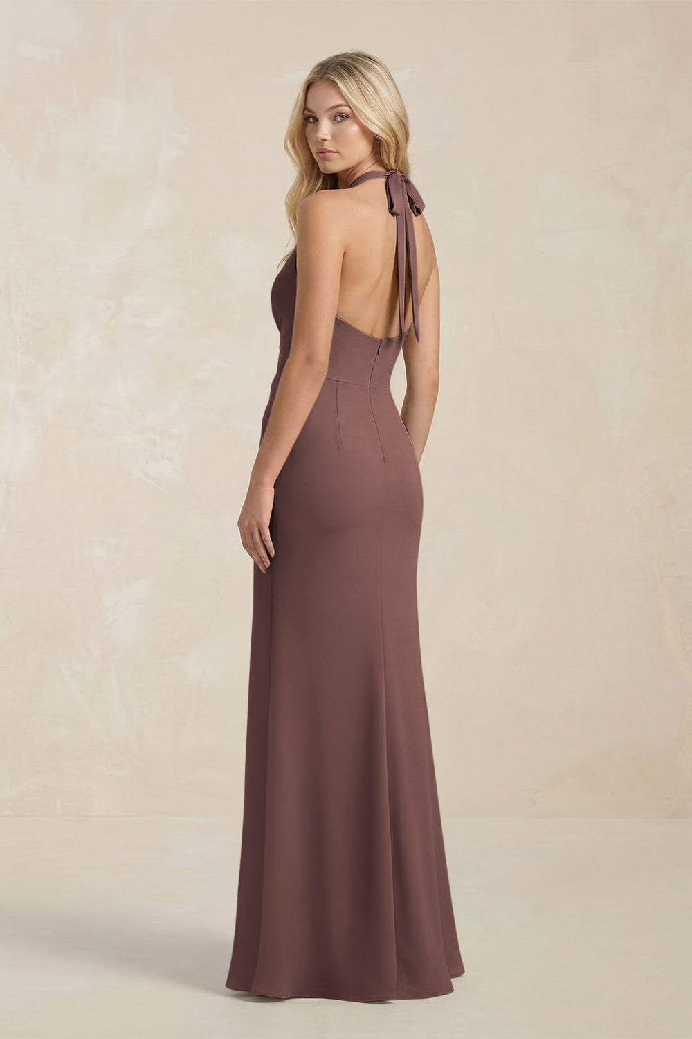 Ruched V - Neck Sheath Bridesmaid Dress With Bow in Espresso - KissProm Bridesmaid Dresses