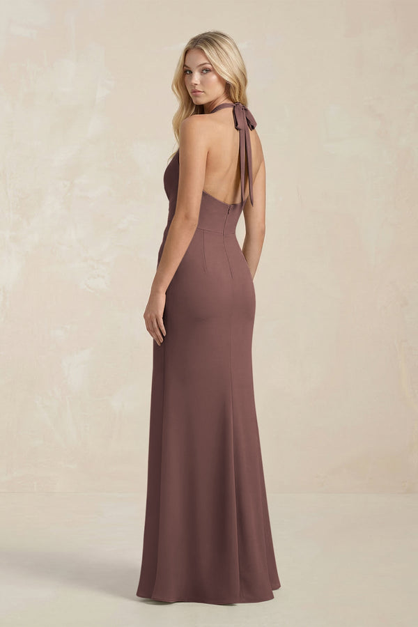 Ruched V - Neck Sheath Bridesmaid Dress With Bow in Espresso - KissProm Bridesmaid Dresses