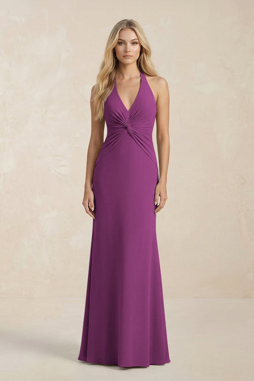 Ruched V - Neck Sheath Bridesmaid Dress With Bow in Fig - KissProm Bridesmaid Dresses