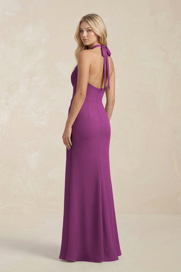 Ruched V - Neck Sheath Bridesmaid Dress With Bow in Fig - KissProm Bridesmaid Dresses