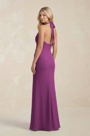 Ruched V - Neck Sheath Bridesmaid Dress With Bow in Fig - KissProm Bridesmaid Dresses