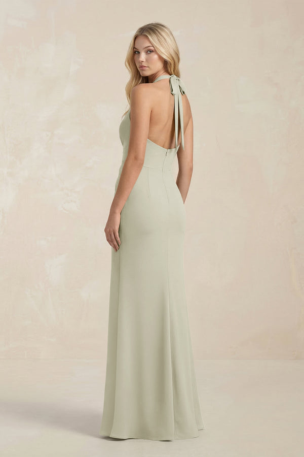 Ruched V - Neck Sheath Bridesmaid Dress With Bow in Frost - KissProm Bridesmaid Dresses