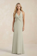 Ruched V - Neck Sheath Bridesmaid Dress With Bow in Frost - KissProm Bridesmaid Dresses