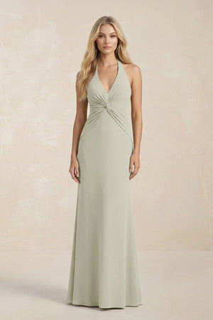 Ruched V - Neck Sheath Bridesmaid Dress With Bow in Frost - KissProm Bridesmaid Dresses
