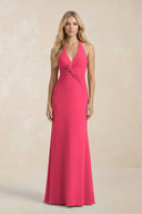 Ruched V - Neck Sheath Bridesmaid Dress With Bow in Fuchsia - KissProm Bridesmaid Dresses