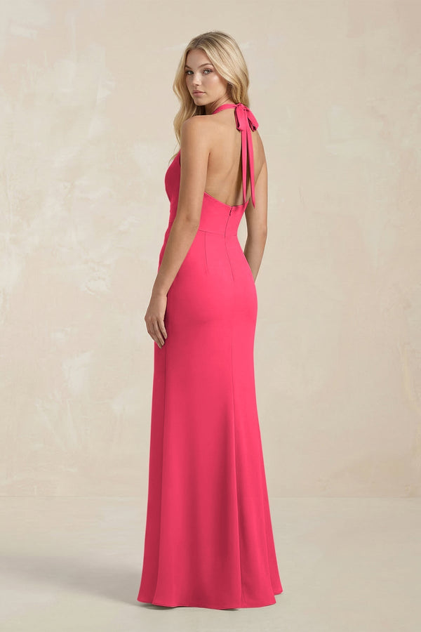Ruched V - Neck Sheath Bridesmaid Dress With Bow in Fuchsia - KissProm Bridesmaid Dresses