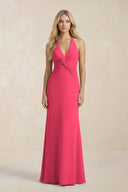 Ruched V - Neck Sheath Bridesmaid Dress With Bow in Fuchsia - KissProm Bridesmaid Dresses