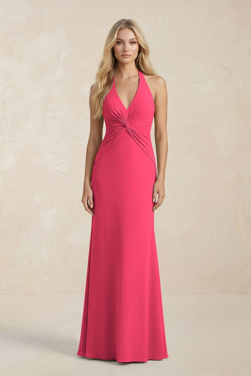 Ruched V - Neck Sheath Bridesmaid Dress With Bow in Fuchsia - KissProm Bridesmaid Dresses