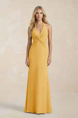 Ruched V - Neck Sheath Bridesmaid Dress With Bow in Gold - KissProm Bridesmaid Dresses