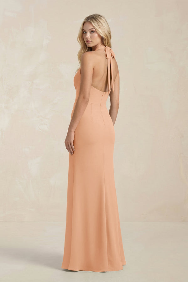Ruched V - Neck Sheath Bridesmaid Dress With Bow in Golden Champagne - KissProm Bridesmaid Dresses