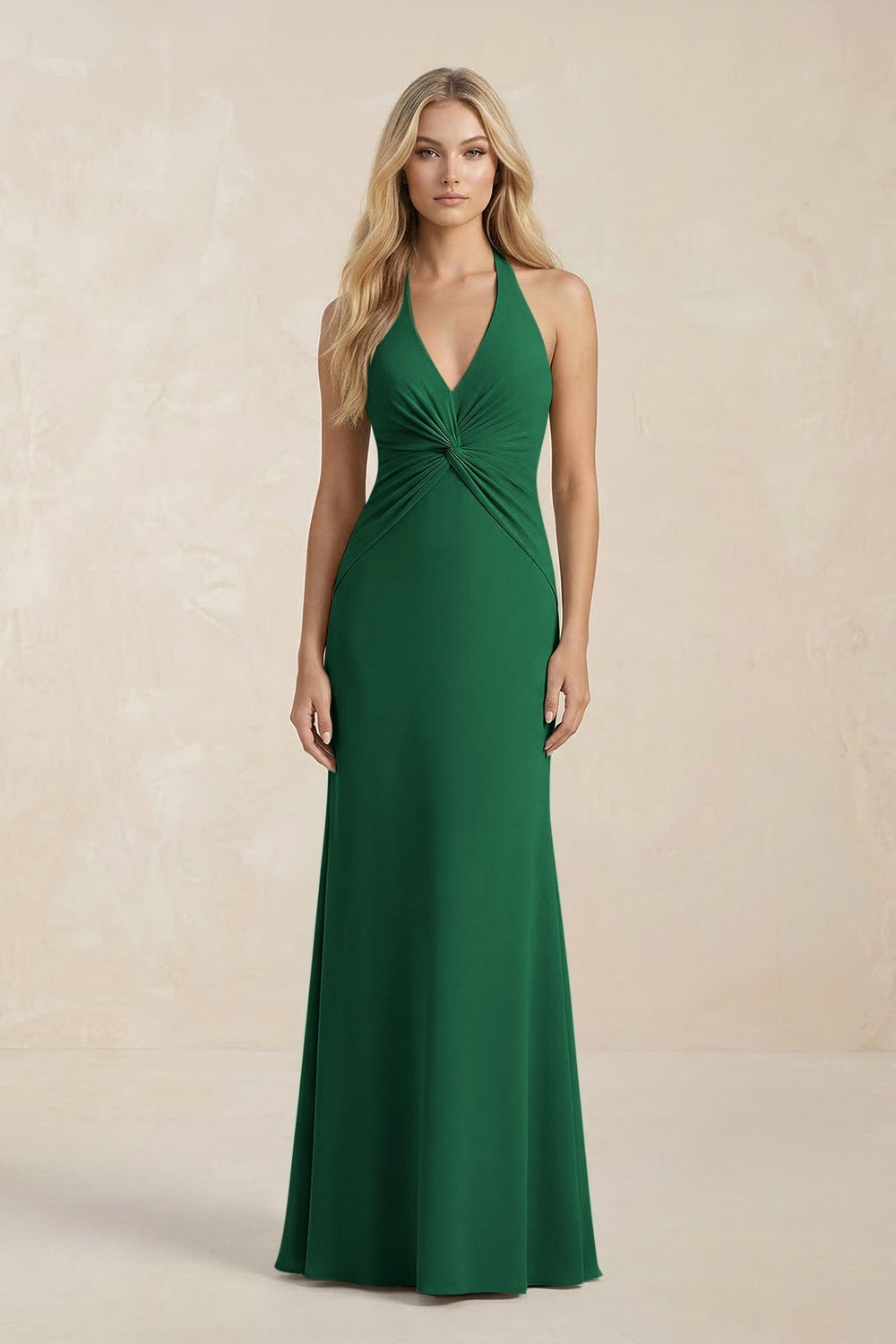 Ruched V - Neck Sheath Bridesmaid Dress With Bow in Green - KissProm Bridesmaid Dresses