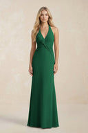 Ruched V - Neck Sheath Bridesmaid Dress With Bow in Green - KissProm Bridesmaid Dresses