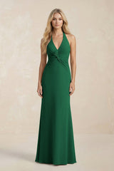 Ruched V - Neck Sheath Bridesmaid Dress With Bow in Green - KissProm Bridesmaid Dresses