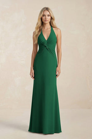 Ruched V - Neck Sheath Bridesmaid Dress With Bow in Green - KissProm Bridesmaid Dresses