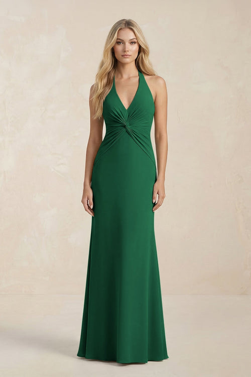 Ruched V - Neck Sheath Bridesmaid Dress With Bow in Green - KissProm Bridesmaid Dresses