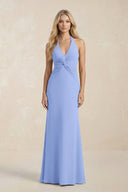 Ruched V - Neck Sheath Bridesmaid Dress With Bow in Ice - KissProm Bridesmaid Dresses