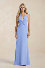 Ruched V - Neck Sheath Bridesmaid Dress With Bow in Ice - KissProm Bridesmaid Dresses