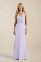 Ruched V - Neck Sheath Bridesmaid Dress With Bow in Lavender - KissProm Bridesmaid Dresses