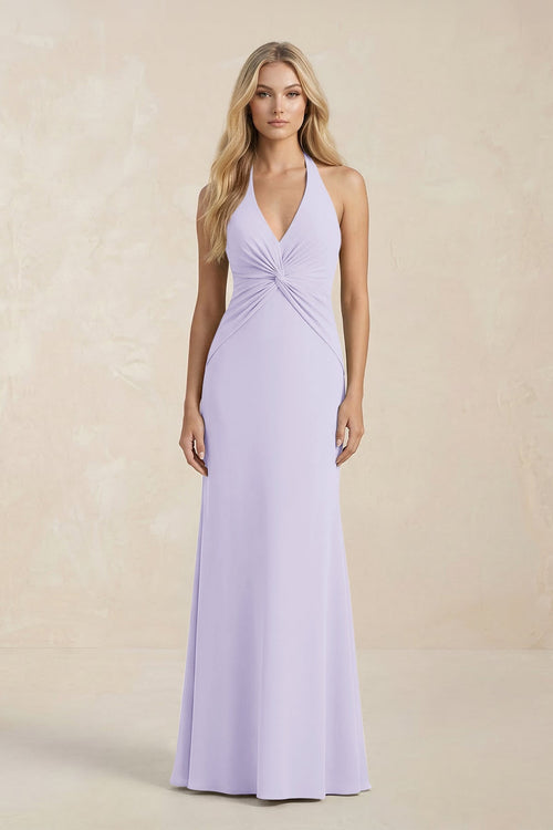 Ruched V - Neck Sheath Bridesmaid Dress With Bow in Lavender - KissProm Bridesmaid Dresses