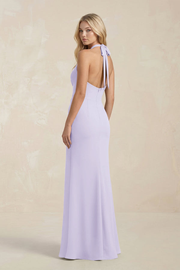 Ruched V - Neck Sheath Bridesmaid Dress With Bow in Lavender - KissProm Bridesmaid Dresses