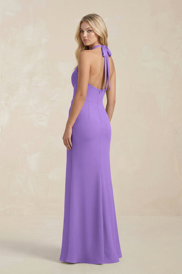 Ruched V - Neck Sheath Bridesmaid Dress With Bow in Lilac - KissProm Bridesmaid Dresses